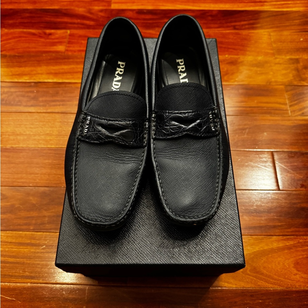 Prada Dark Navy Leather Loafers with Croc Penny Detail - Picture 2 of 4